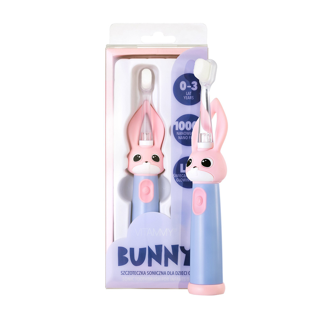 Periuta de dinti electrica Vitammy Bunny Pink, pentru copii 0-3 ani, cu lumina LED si efecte sonore, 24.000 de miscari/min, 2 programe de periaj, fibre nano